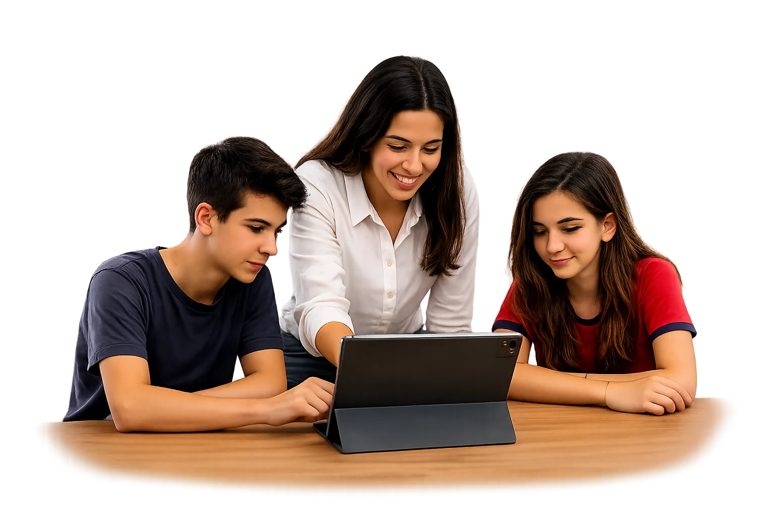 Docente con estudiantes usando tecnología educativa